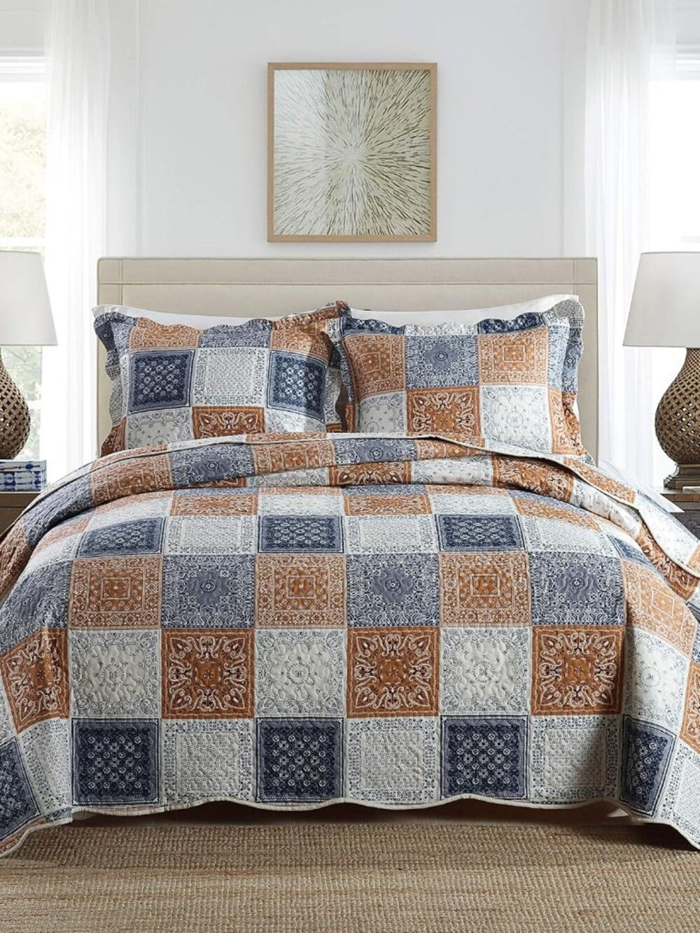 3-Piece Queen Quilt Sets with Shams Oversized Bedding Bedspread Reversible Cover